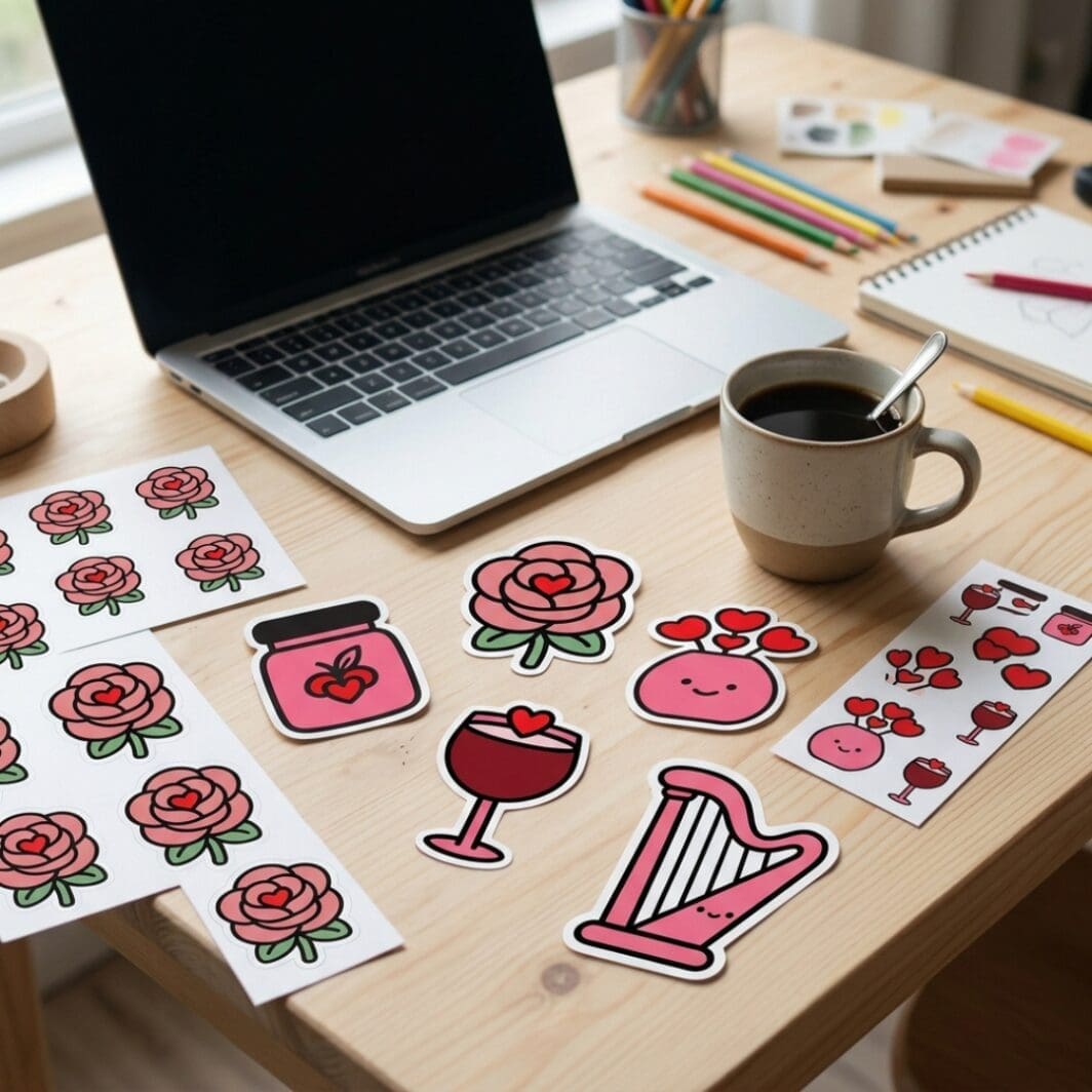 Minimalist collection of 15 love-themed stickers in red and pink, featuring hearts, cute icons, and playful romantic elements in a clean modern style.