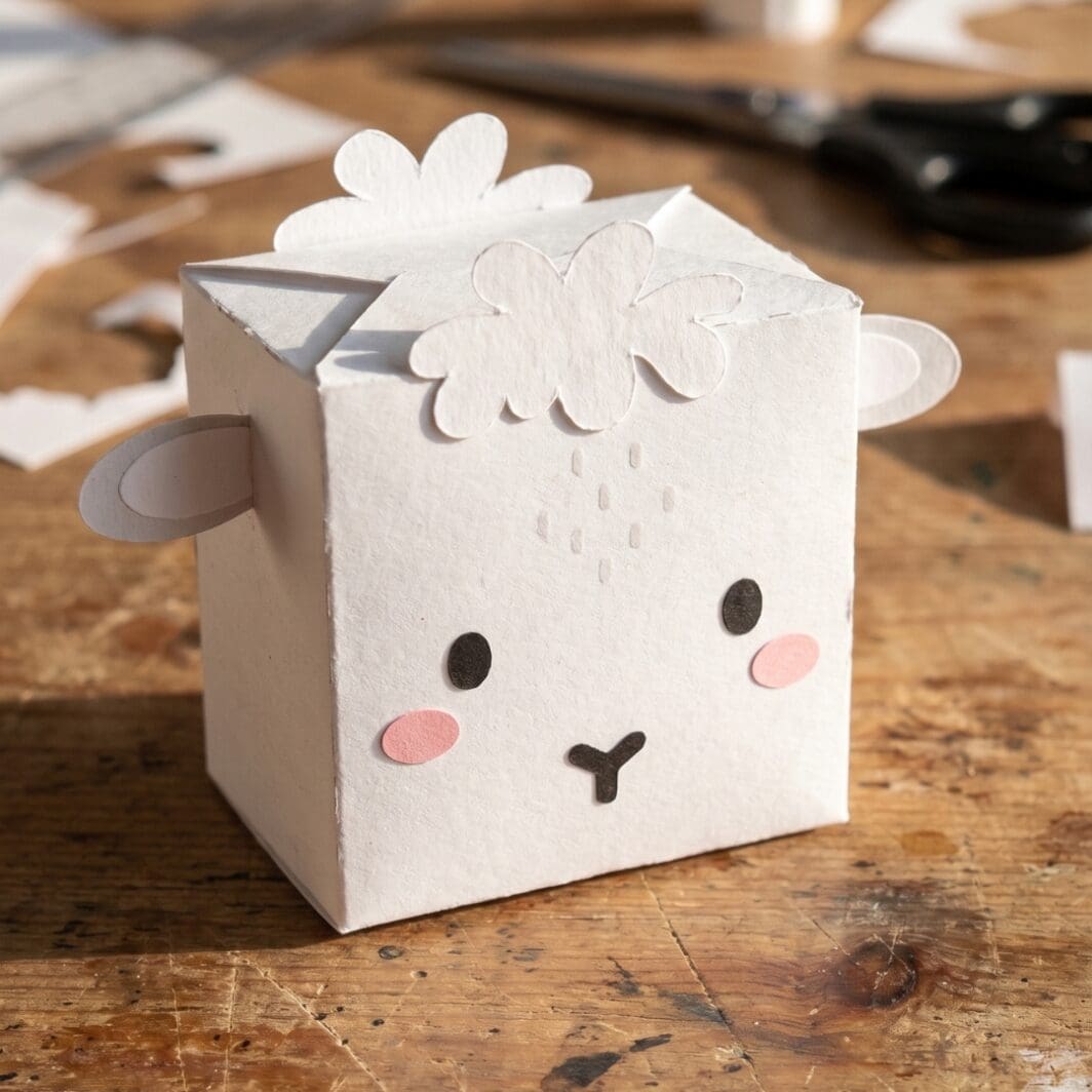 Printable “Let’s Build a Sheep” DIY craft cover image showing a cute assembled sheep paper box with a smiling face, pink cheeks, and attached ears and wool pieces, alongside the flat template with cut and fold lines for easy assembly.