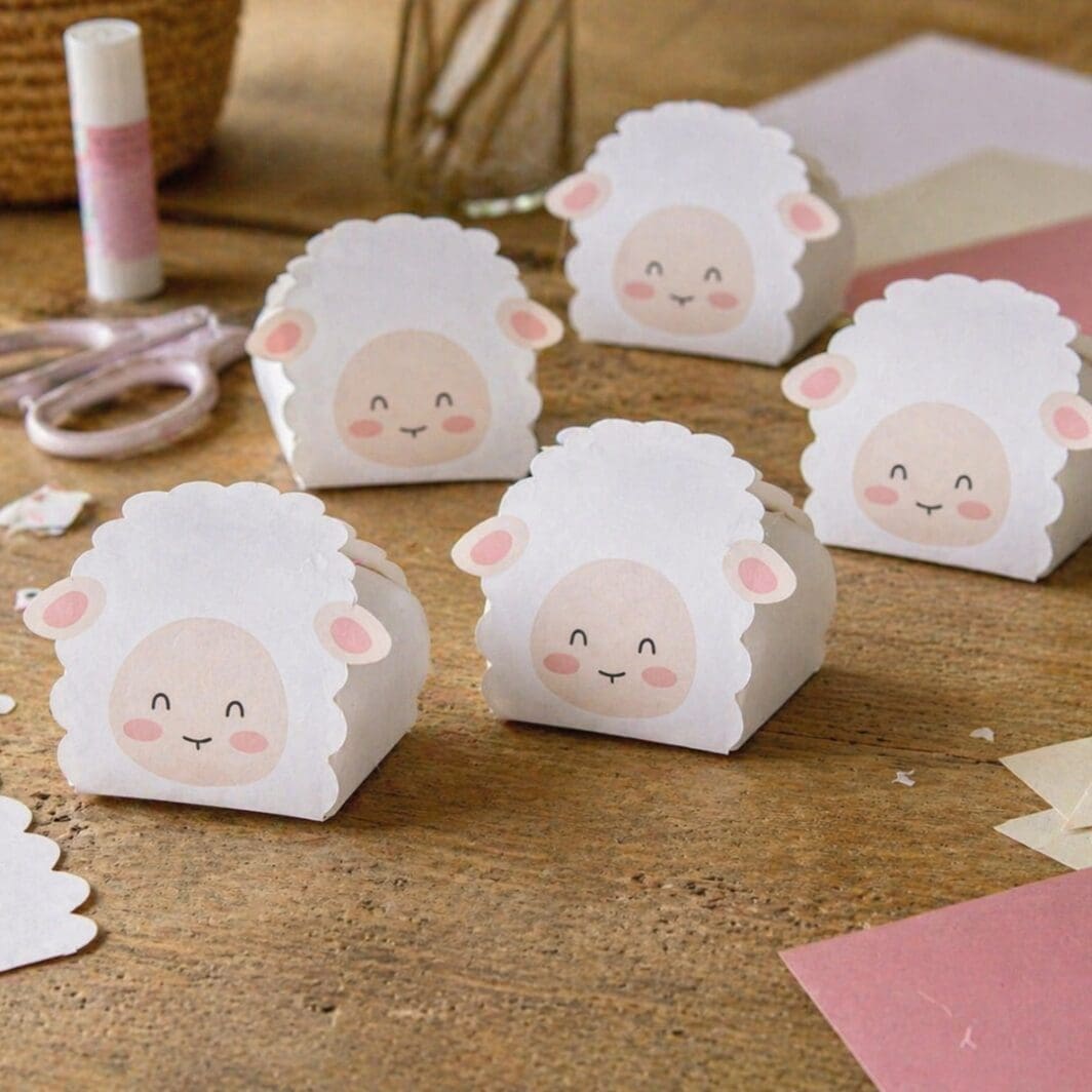 Cute printable sheep gift box template, 6x6 cm DIY paper box with kawaii sheep face, perfect for small gifts, party favors, and handmade packaging.