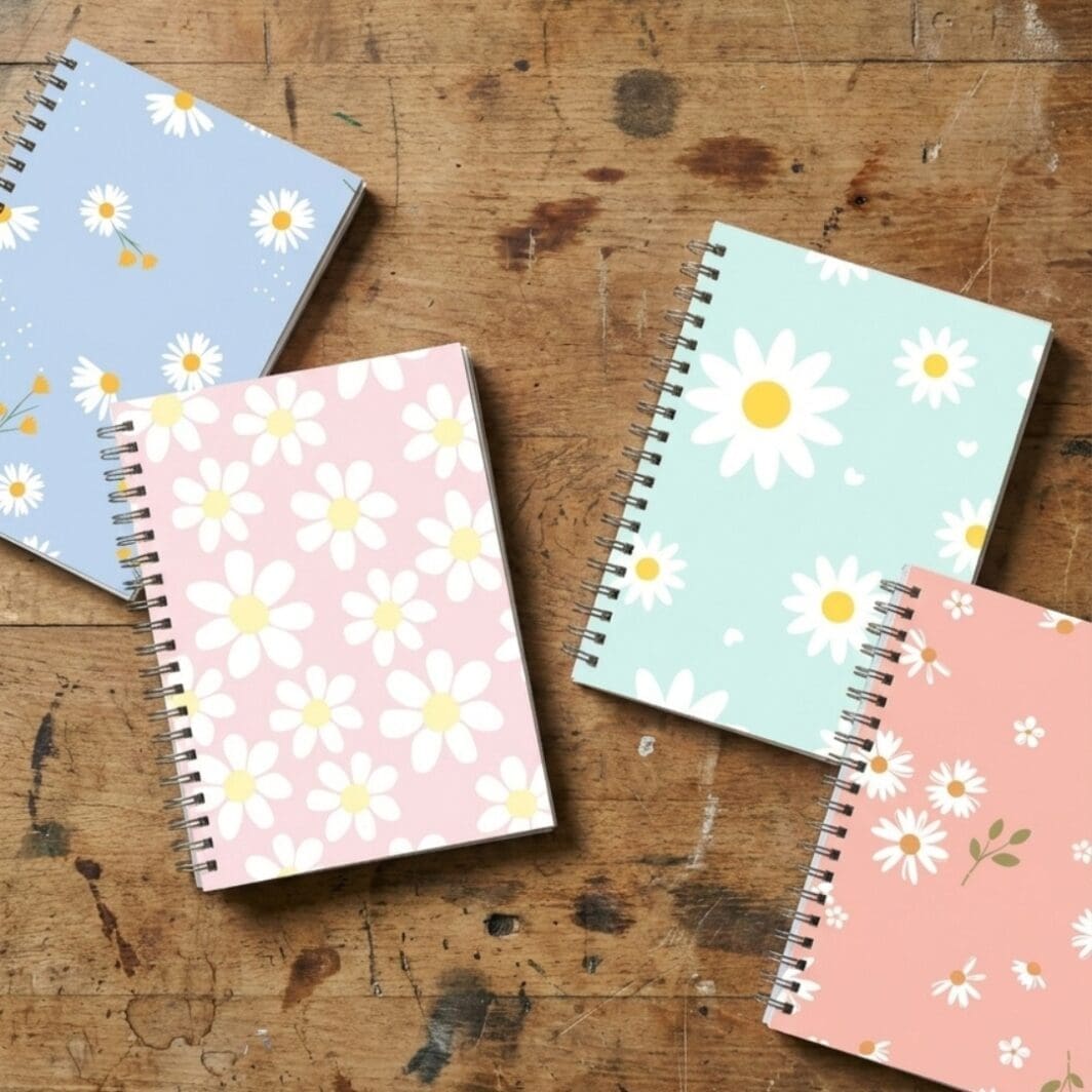 Three floral spiral notebook covers in pastel blue, yellow, and pink placed on a wooden workshop table, surrounded by colored pencils, scissors, and pencil shavings in a realistic top-down view.