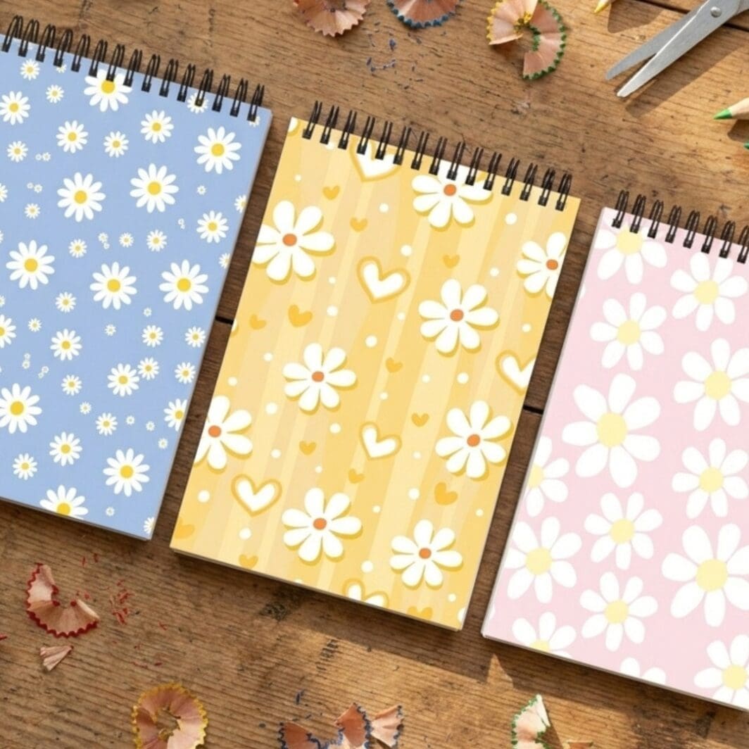 Three floral spiral notebook covers in pastel blue, yellow, and pink placed on a wooden workshop table, surrounded by colored pencils, scissors, and pencil shavings in a realistic top-down view.