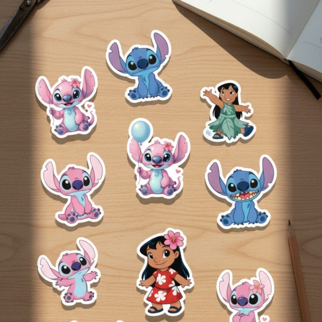 Cute Stitch sticker pack featuring 12 colorful designs of a blue cartoon character in playful poses like surfing, eating, relaxing, and smiling on a clean white background