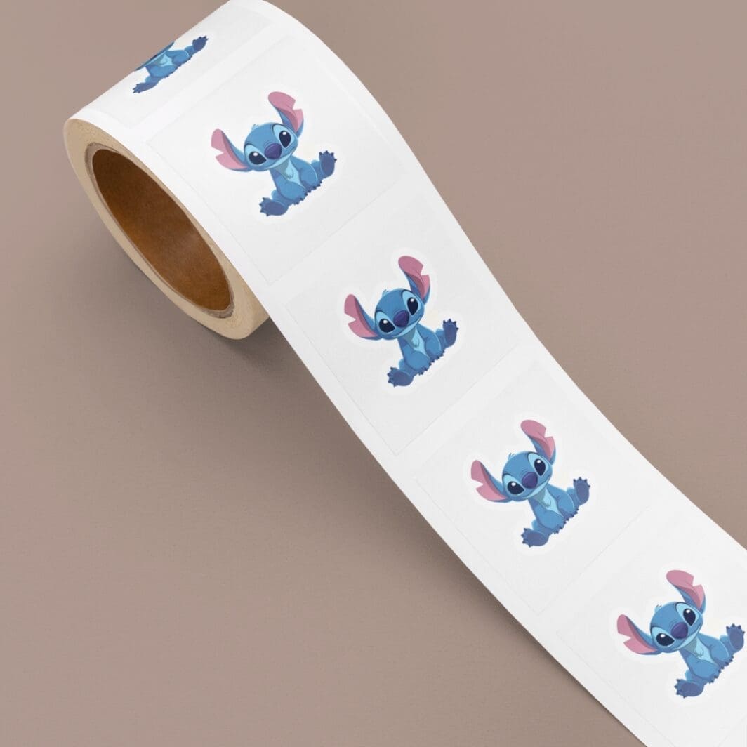 Cute Stitch sticker pack featuring 12 colorful designs of a blue cartoon character in playful poses like surfing, eating, relaxing, and smiling on a clean white background