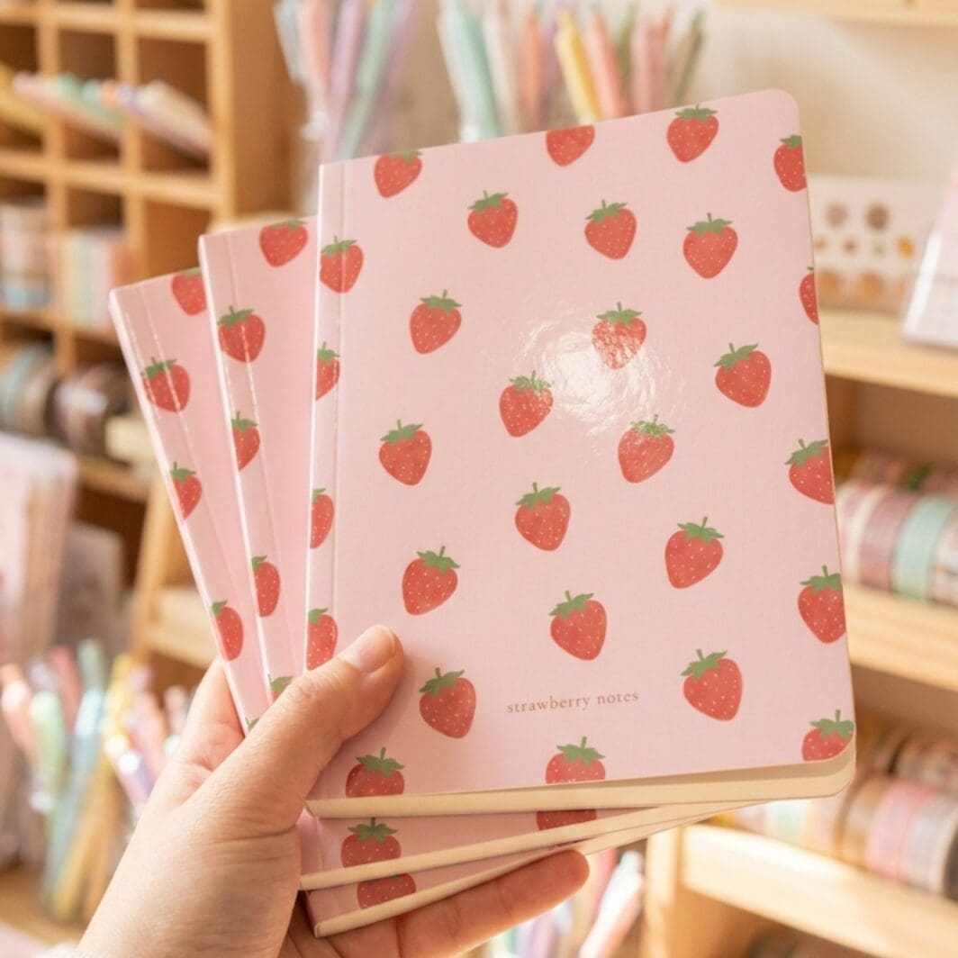 Soft pastel pink strawberry-themed spiral notebook cover featuring cute repeating strawberry illustrations, delicate bow patterns, and a glossy feminine stationery aesthetic inspired by Korean and Pinterest-style journals.