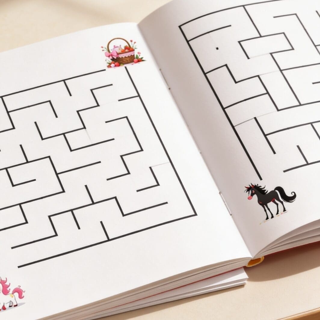 Printable animal maze activity workbook cover featuring cute easy-level mazes for kids with adorable animals including lions, elephants, pandas, foxes, dolphins, sloths, flamingos, llamas, narwhals, and more in a fun educational screen-free activity book design.