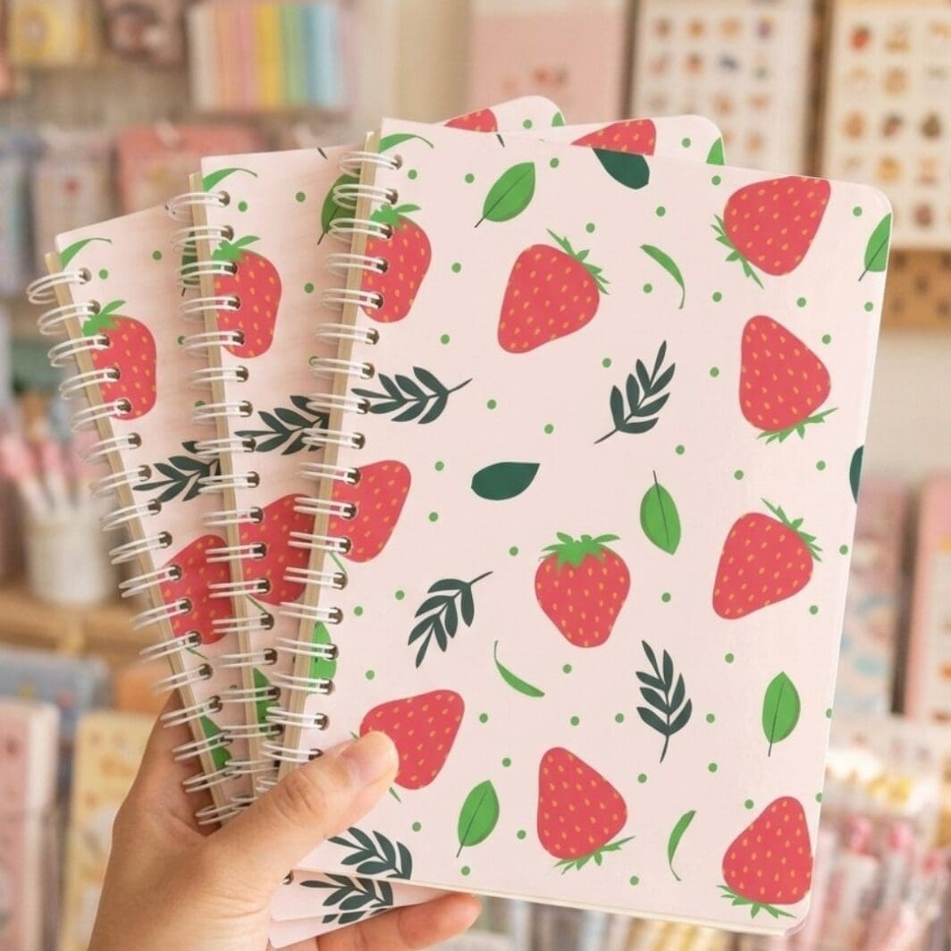 Soft pastel pink strawberry-themed spiral notebook cover featuring cute repeating strawberry illustrations, delicate bow patterns, and a glossy feminine stationery aesthetic inspired by Korean and Pinterest-style journals.