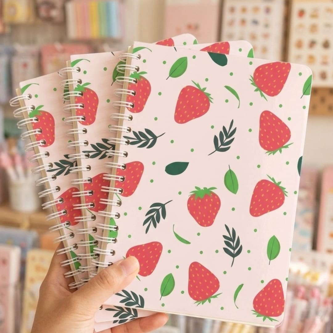 Soft pastel pink strawberry-themed spiral notebook cover featuring cute repeating strawberry illustrations, delicate bow patterns, and a glossy feminine stationery aesthetic inspired by Korean and Pinterest-style journals.
