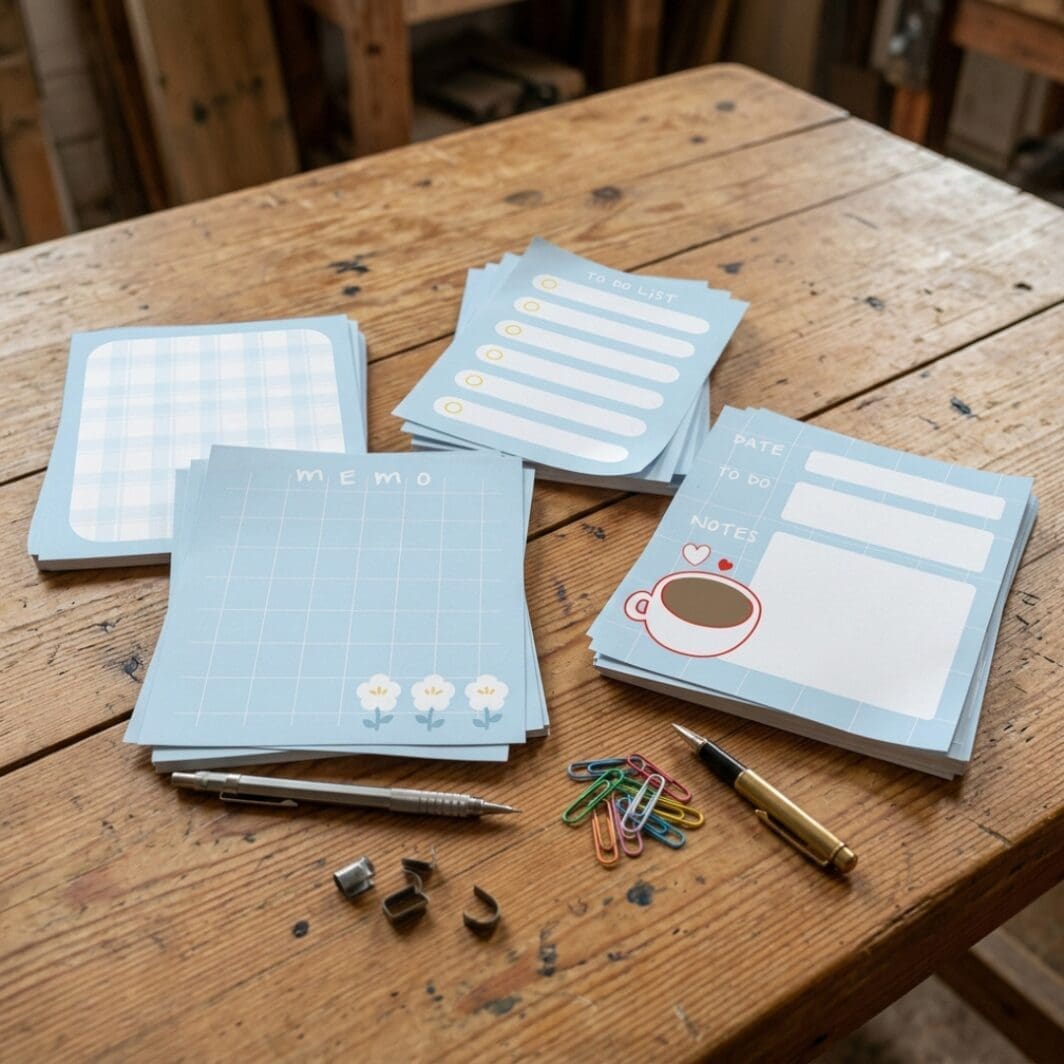 Pastel blue minimalist memo notes bundle featuring cute to-do list layouts, grid memo pages, floral doodles, and cozy Korean-inspired printable stationery designs arranged as aesthetic memo pads on a wooden desk.