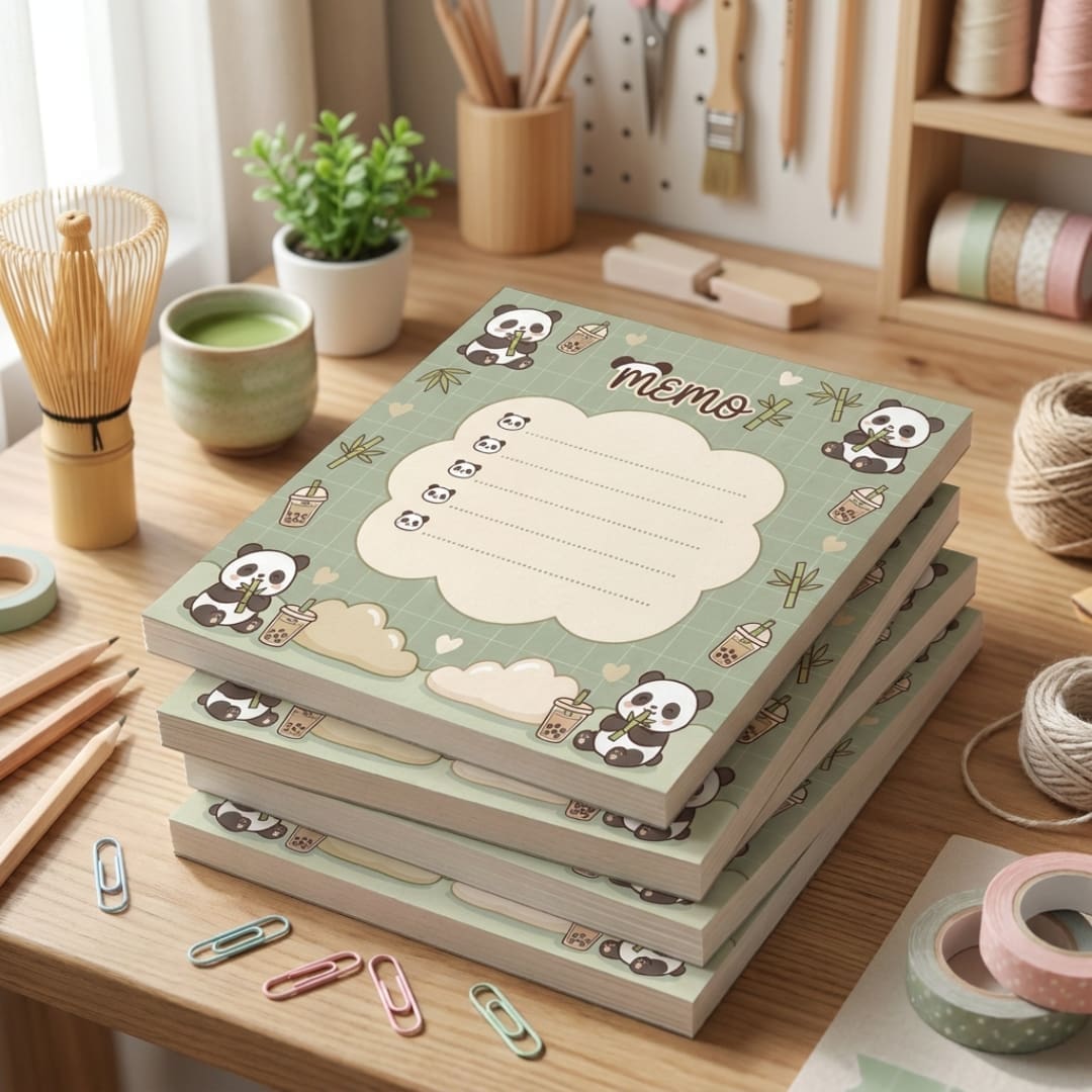 Cute pastel green Matcha Memo Notes cover featuring kawaii matcha desserts, matcha drinks, soft Japanese-inspired illustrations, and decorative memo writing space with cozy café aesthetic.
