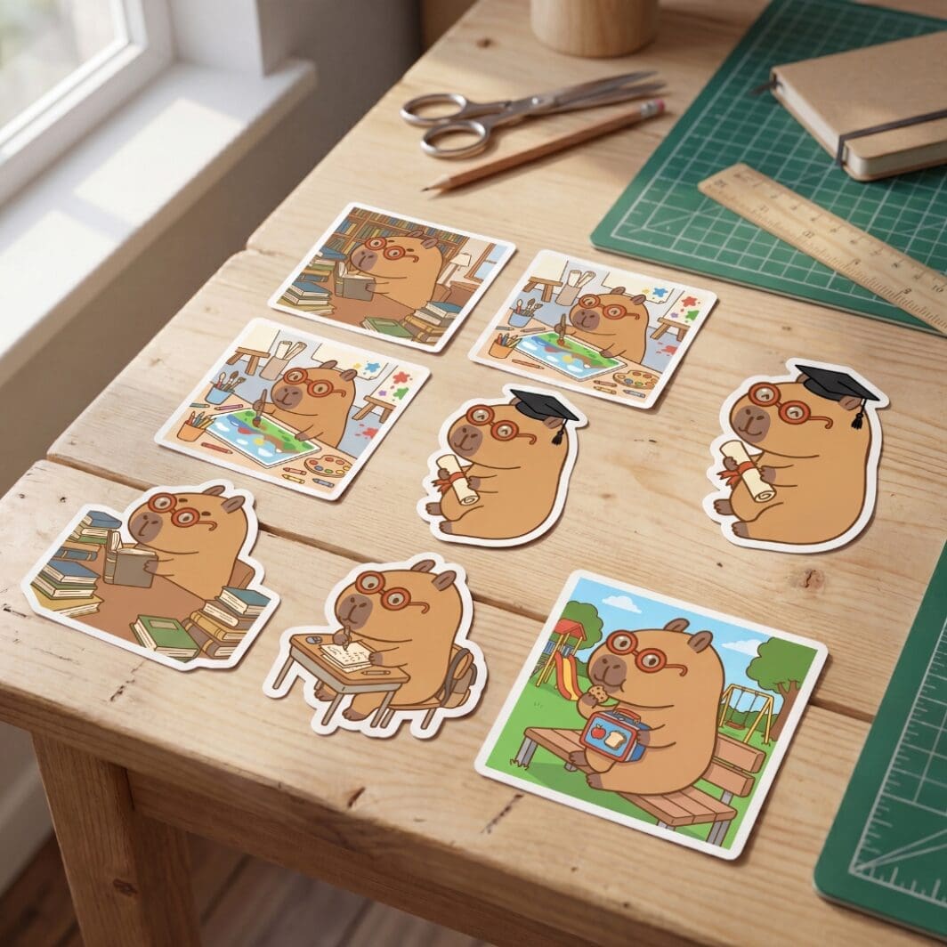 Cute School Capybara digital sticker collection with 10 educational vector illustrations for students, teachers, planners, and classroom designs.
