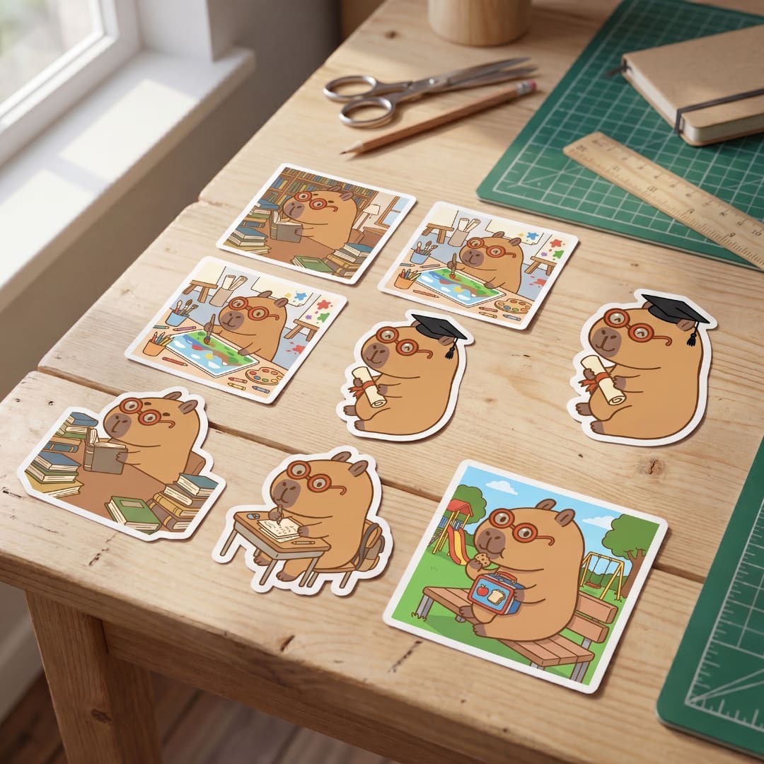 Cute School Capybara digital sticker collection with 10 educational vector illustrations for students, teachers, planners, and classroom designs.