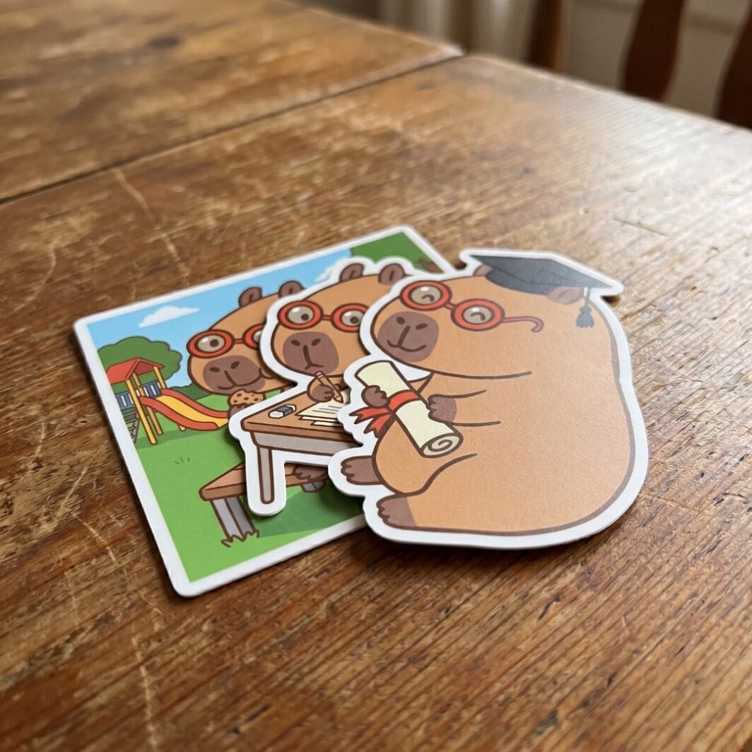 Cute School Capybara digital sticker collection with 10 educational vector illustrations for students, teachers, planners, and classroom designs.