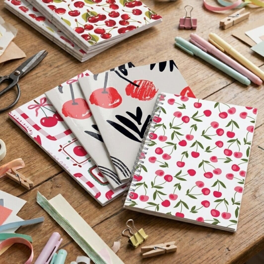 Cute cherry-themed printable booklet cover collection featuring aesthetic cherry illustrations, pastel gingham patterns, bows, vintage-inspired frames, and cozy coquette-style designs in soft pink, red, black, and pastel color palettes.