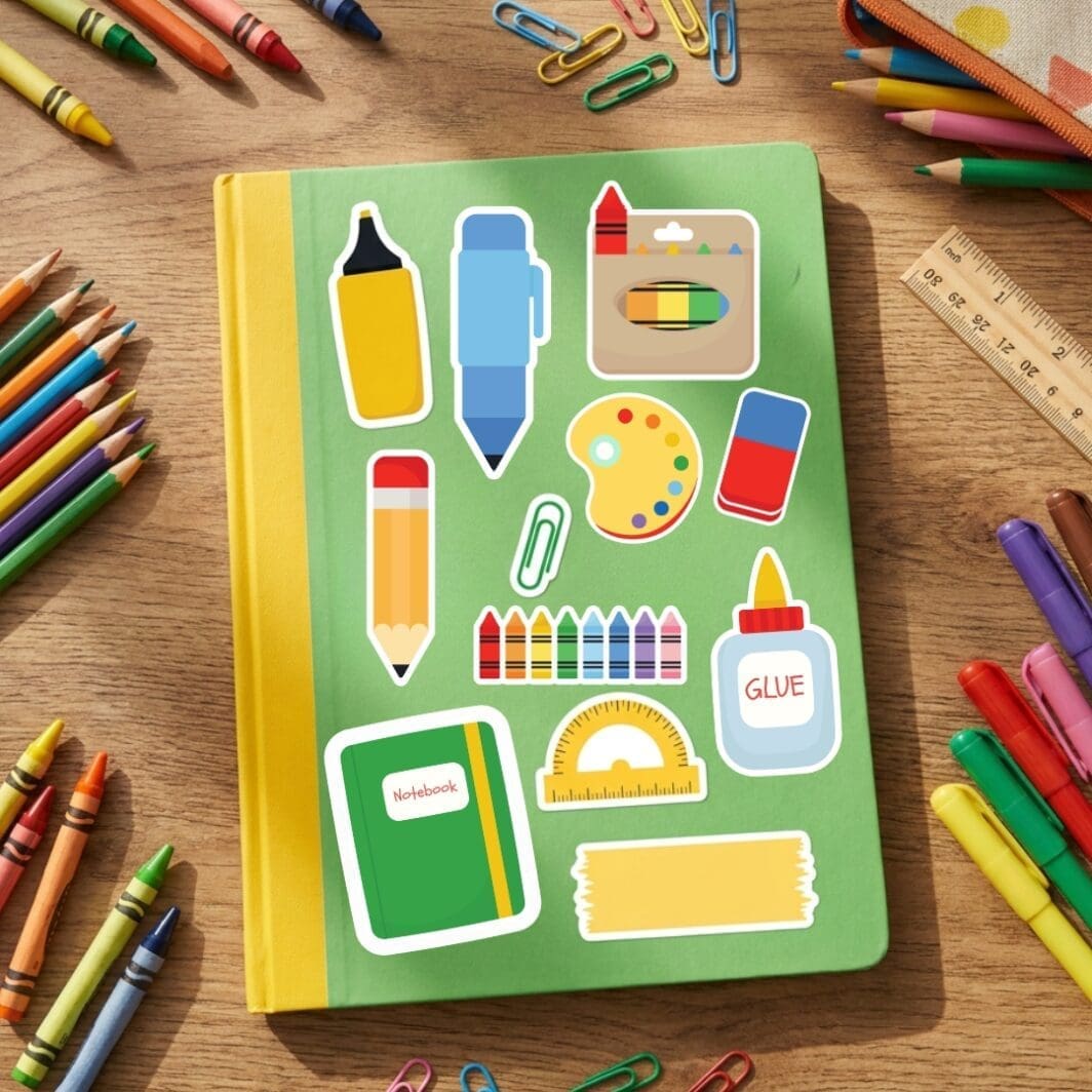 School sticker pack with colorful school supplies including pencils, notebooks, crayons, rulers, markers, glue, paint palette, and classroom accessories. Printable digital stickers for teachers, students, planners, scrapbooking, homeschool resources, and back-to-school projects.