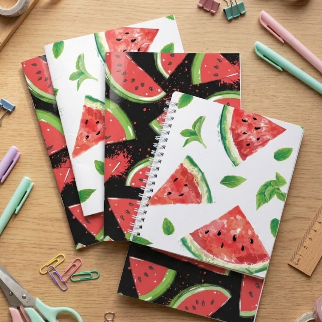 Cute watermelon-themed printable booklet cover collection featuring aesthetic cherry illustrations, pastel gingham patterns, bows, vintage-inspired frames, and cozy coquette-style designs in soft pink, red, black, and pastel color palettes.
