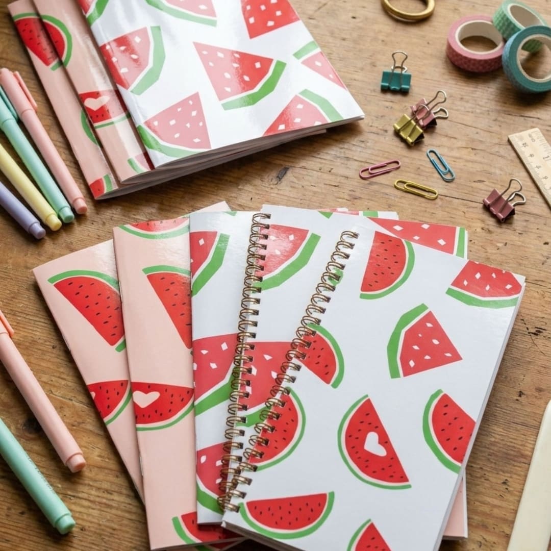 Cute watermelon-themed printable booklet cover collection featuring aesthetic cherry illustrations, pastel gingham patterns, bows, vintage-inspired frames, and cozy coquette-style designs in soft pink, red, black, and pastel color palettes.