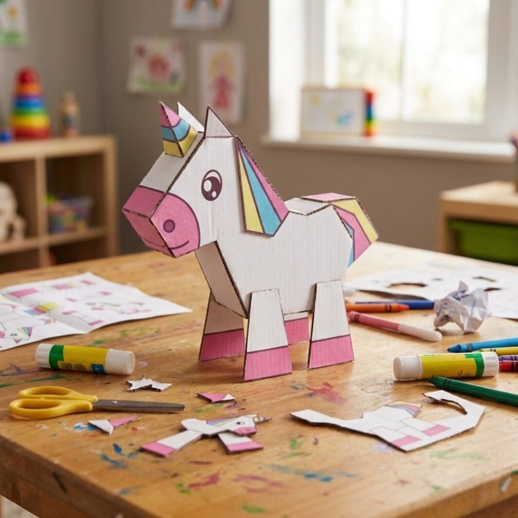 Build a Unicorn kids activity sheet featuring colorful printable unicorn cut-out pieces with pink, yellow, blue, and purple details, designed for children to cut, glue, and assemble into a paper unicorn craft.