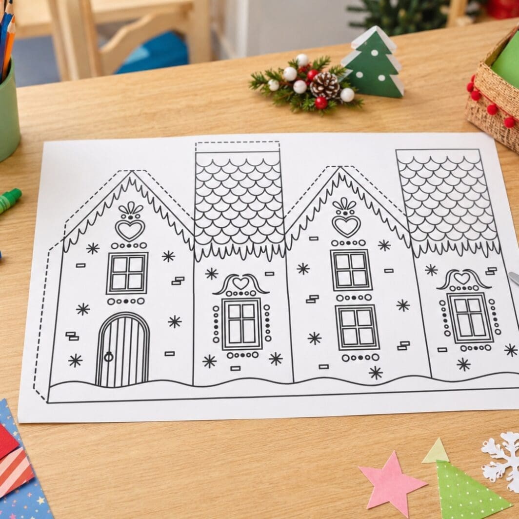 Printable Build a Christmas House activity sheet featuring a festive holiday house template with cut-and-fold lines, ready for kids to color, cut out, assemble, and create their own 3D Christmas paper house craft.