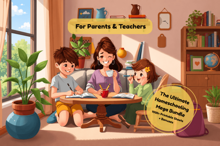 Mother homeschooling two children at home with printable learning sheets for parents and teachers