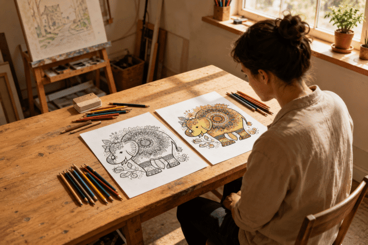 Adult mandala coloring pages printable with elephant design for stress relief and relaxing creative activity