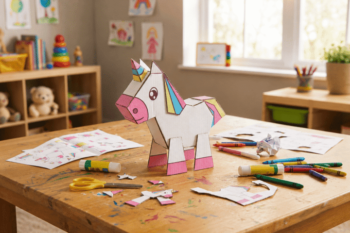 Cardboard unicorn craft for kids with crayons, glue, scissors, and printable templates for screen-free family activity at home