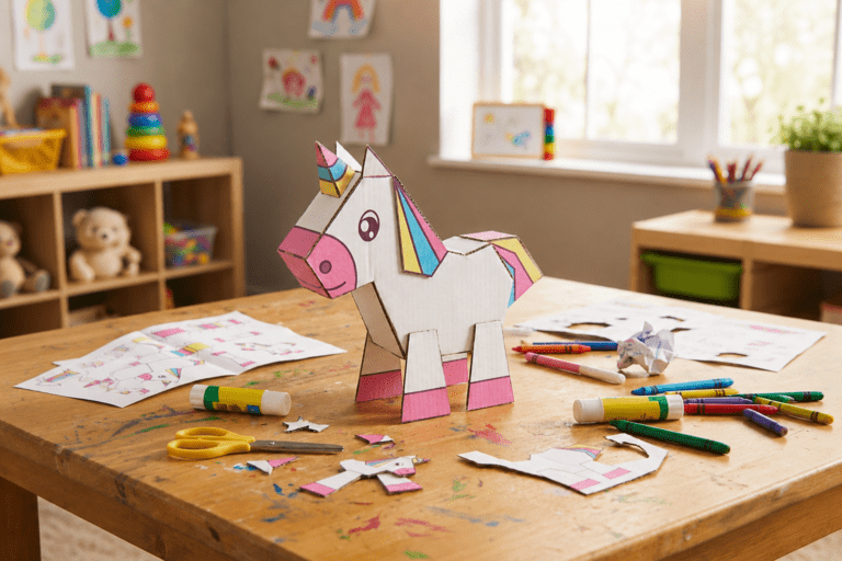 Cardboard unicorn craft for kids with crayons, glue, scissors, and printable templates for screen-free family activity at home