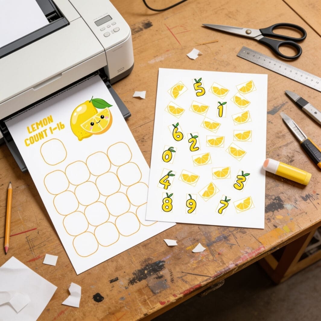 Preschool Count and Match Lemon Activity printable with number cards and lemon slice cutouts for hands-on counting practice.