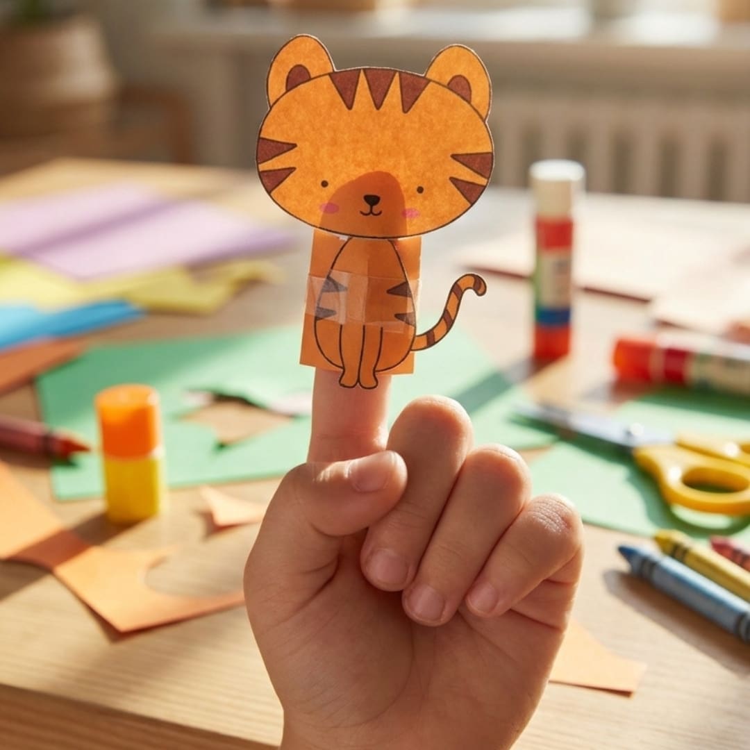 Printable cute animal finger puppets craft sheet featuring five colorful designs: tiger, bird, sheep, fish, and jellyfish, ready to cut, glue, and wear on children’s fingers.