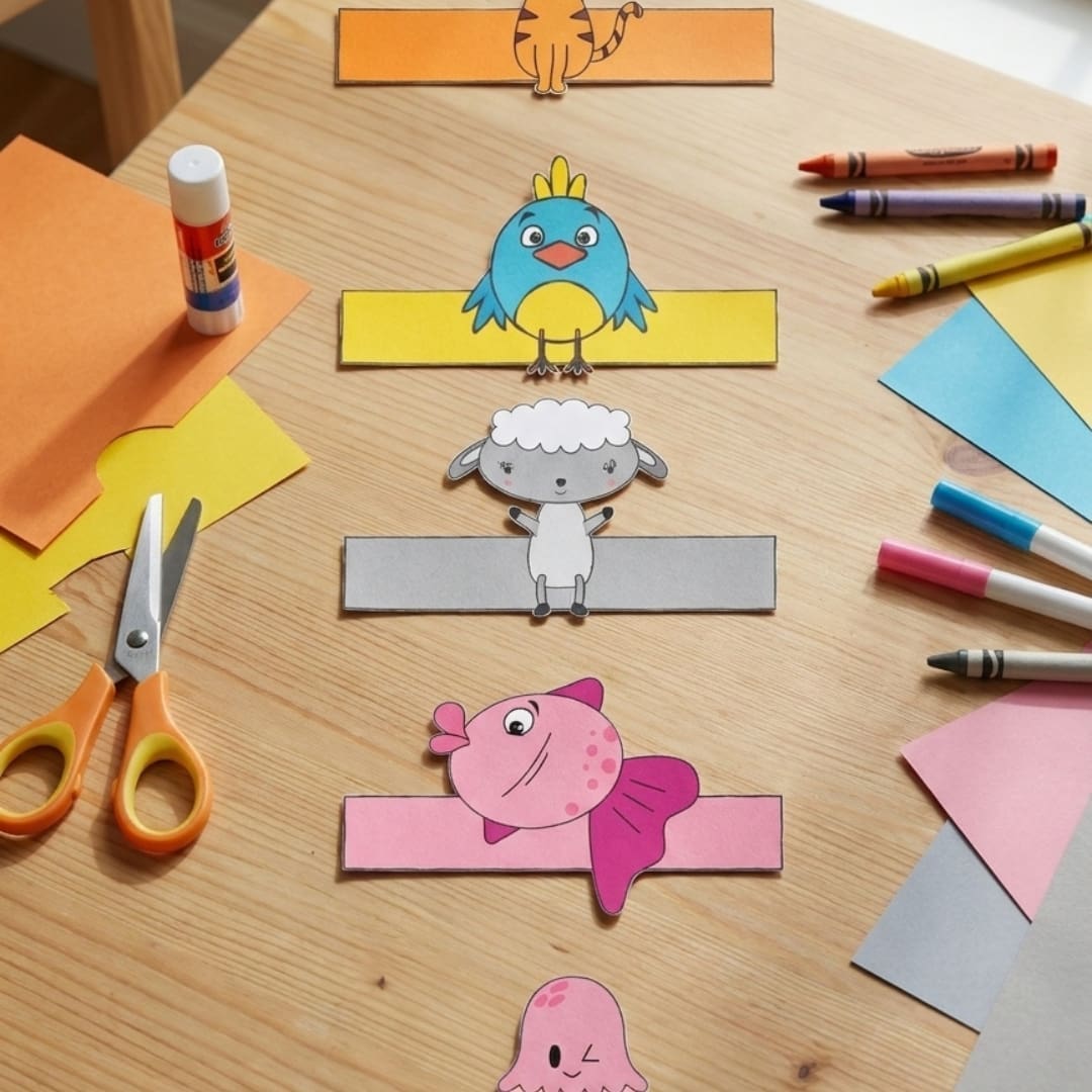 Printable cute animal finger puppets craft sheet featuring five colorful designs: tiger, bird, sheep, fish, and jellyfish, ready to cut, glue, and wear on children’s fingers.