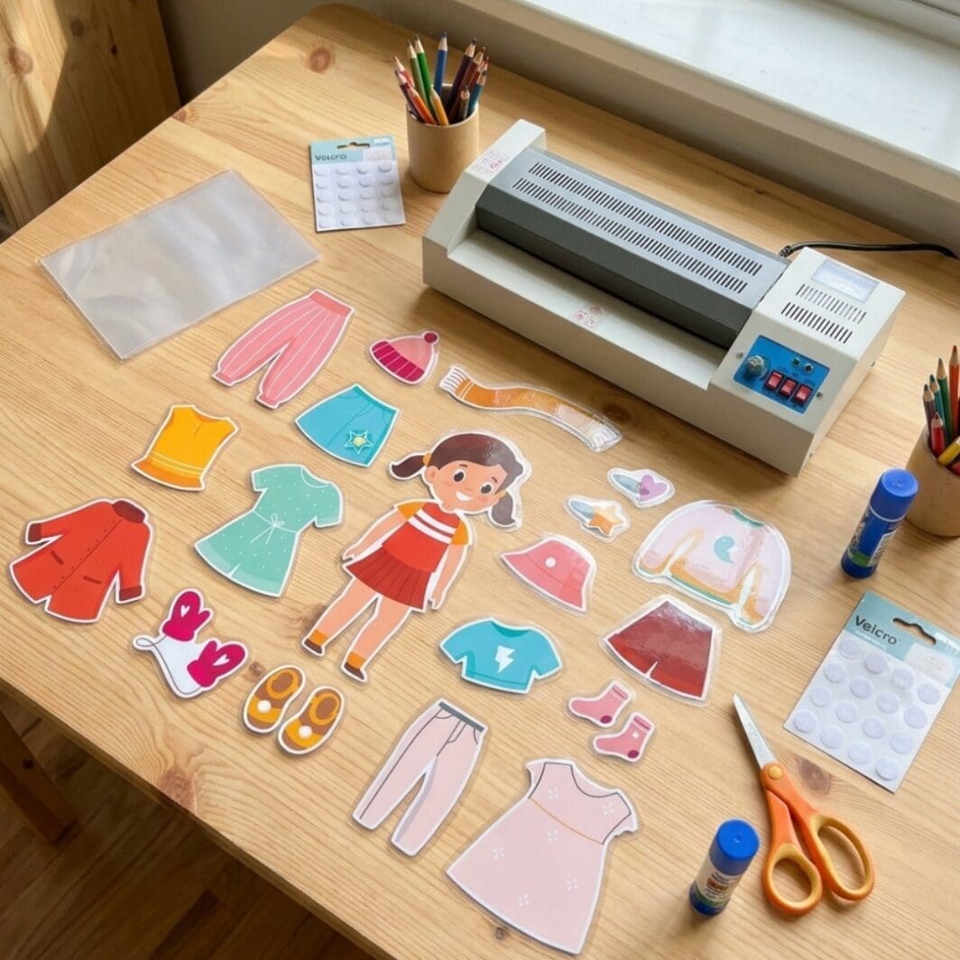 A realistic kids workshop table featuring the Dress Sarah printable activity sheet with laminated cut-out clothes, accessories, craft tools, and a laminating machine. This reusable dress-up activity helps children learn clothing vocabulary, colors, seasons, matching, creativity, and fine motor skills through fun screen-free play.