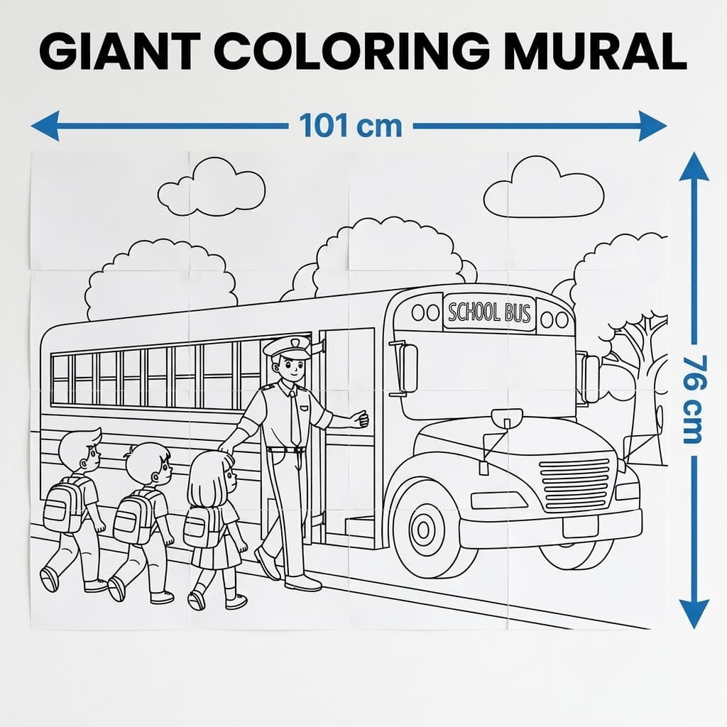 Giant printable school bus coloring mural assembled from 16 A4 pages for kids’ classroom group coloring activity, floor activity, or birthday party craft.