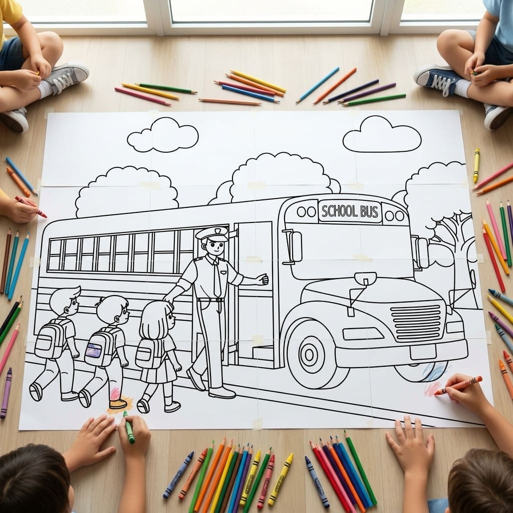 Giant printable school bus coloring mural assembled from 16 A4 pages for kids’ classroom group coloring activity, floor activity, or birthday party craft.