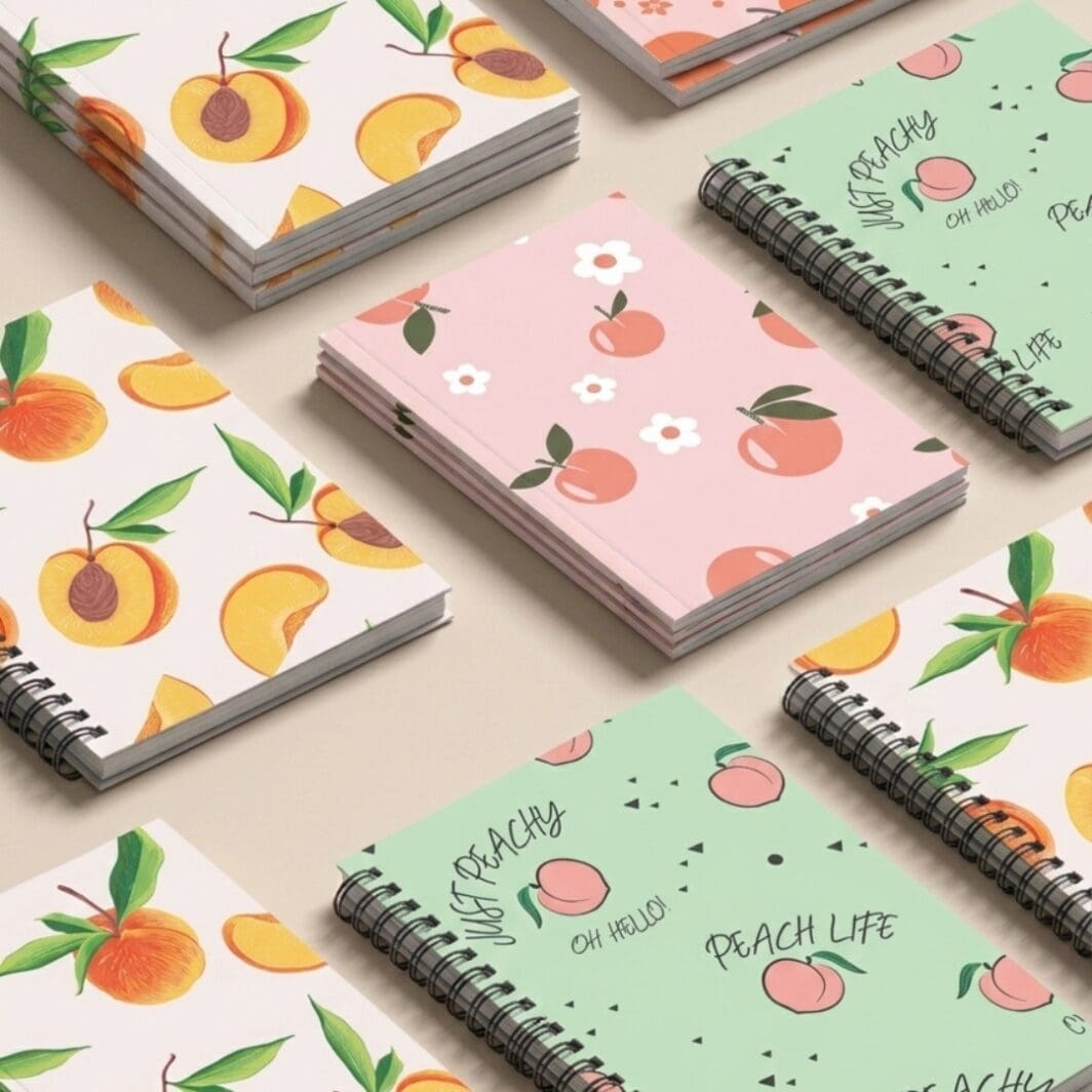 Eight peach-themed printable booklet covers displayed as spiral-bound and slim booklets on a wooden workshop table, featuring pastel peach illustrations, flowers, leaves, and soft fruit patterns.