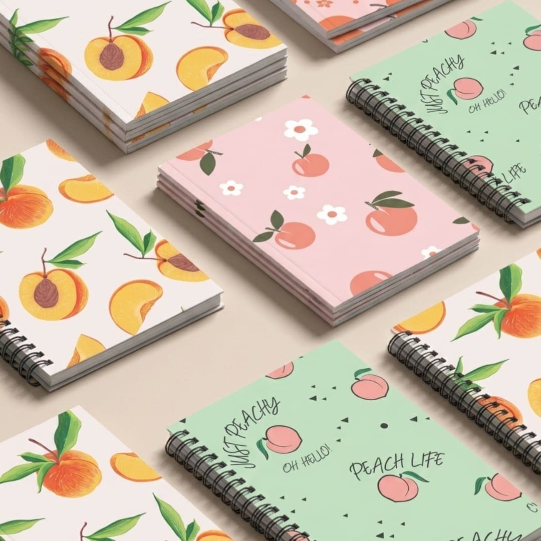 Eight peach-themed printable booklet covers displayed as spiral-bound and slim booklets on a wooden workshop table, featuring pastel peach illustrations, flowers, leaves, and soft fruit patterns.
