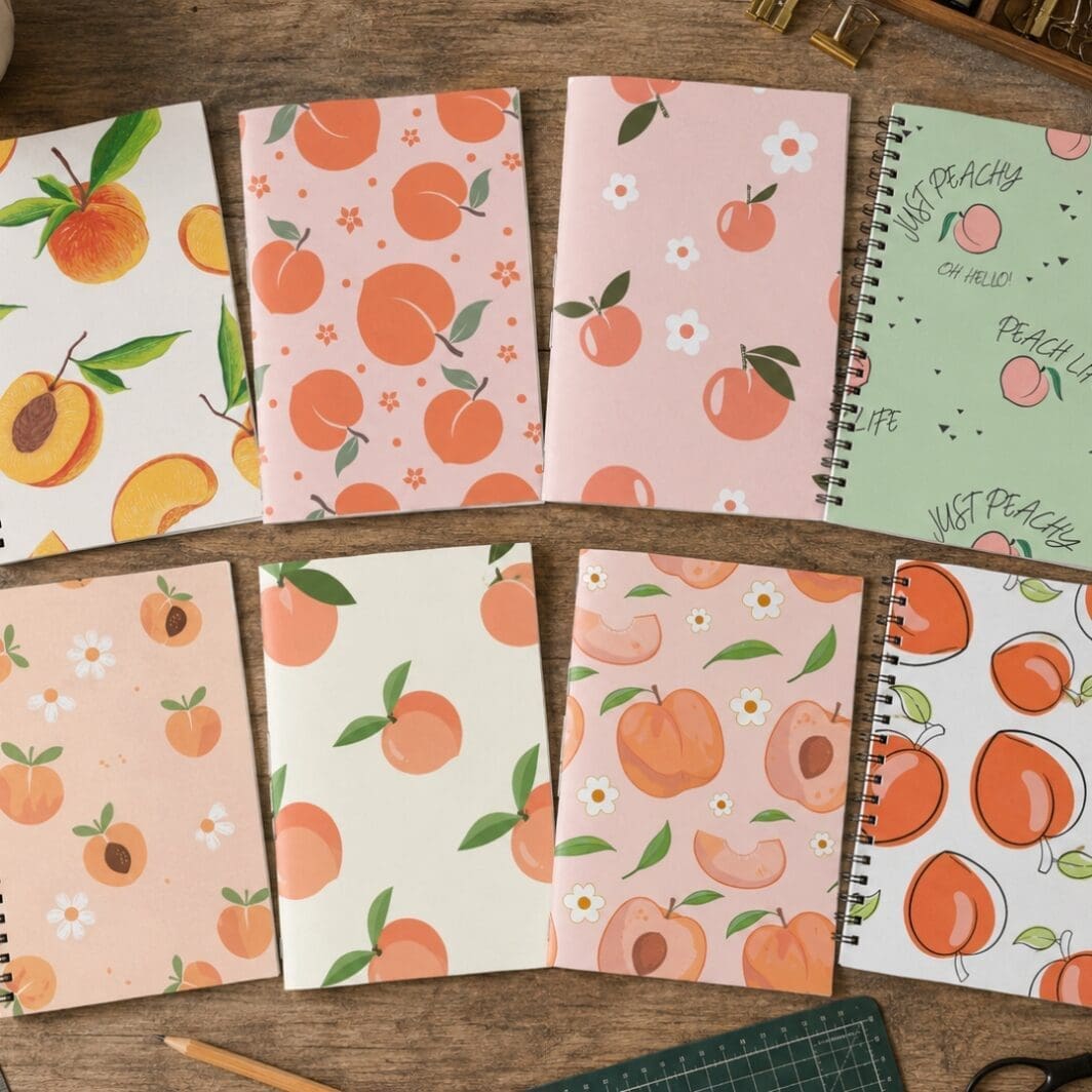 Eight peach-themed printable booklet covers displayed as spiral-bound and slim booklets on a wooden workshop table, featuring pastel peach illustrations, flowers, leaves, and soft fruit patterns.