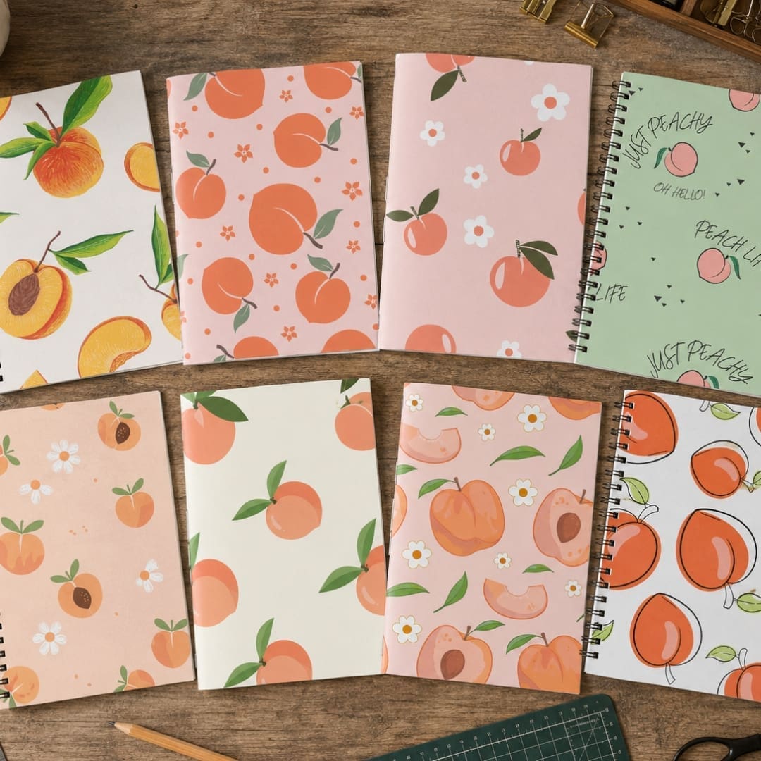Eight peach-themed printable booklet covers displayed as spiral-bound and slim booklets on a wooden workshop table, featuring pastel peach illustrations, flowers, leaves, and soft fruit patterns.