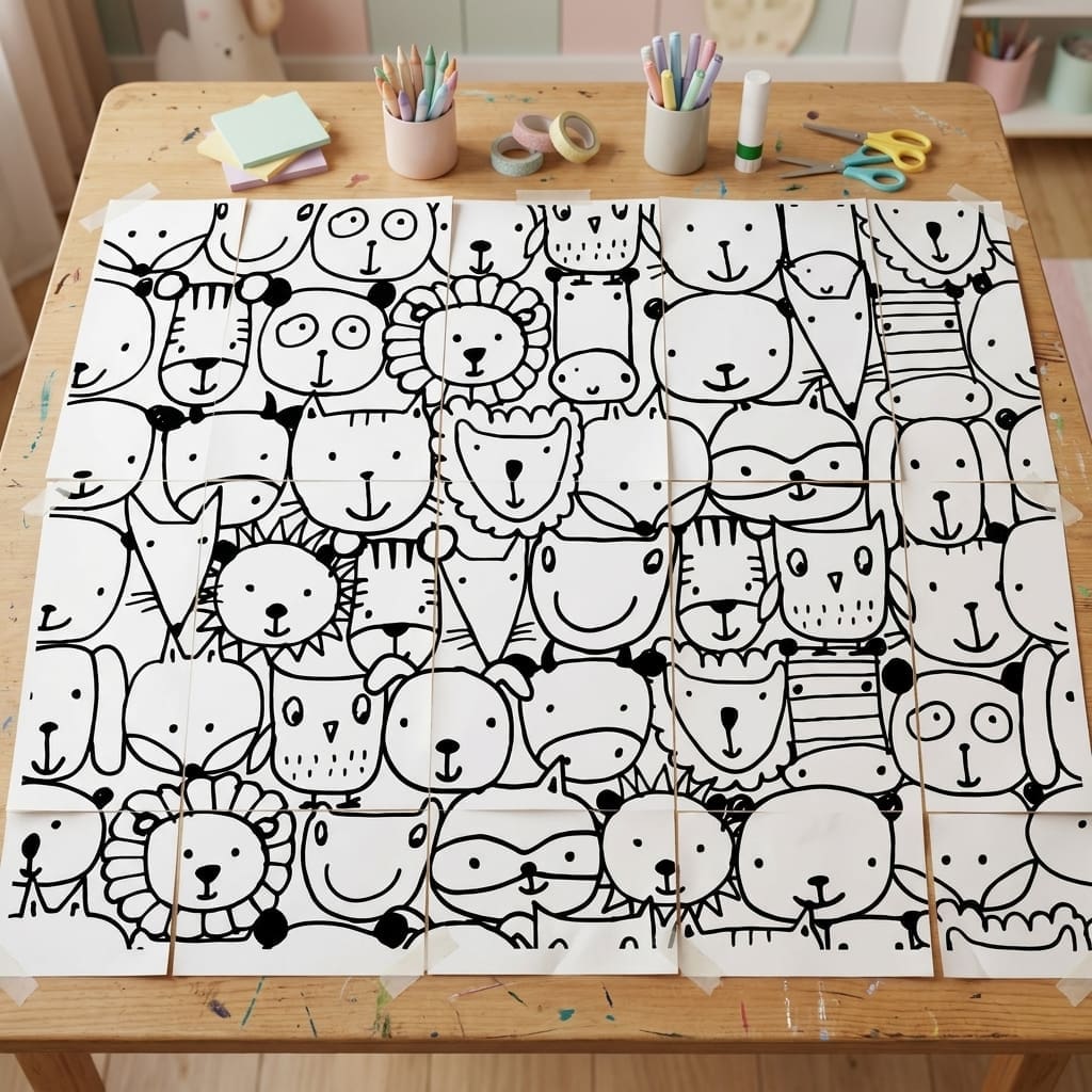 Giant printable pets coloring poster displayed in a pastel classroom, featuring cute animal faces for kids’ screen-free coloring and creative group activity.