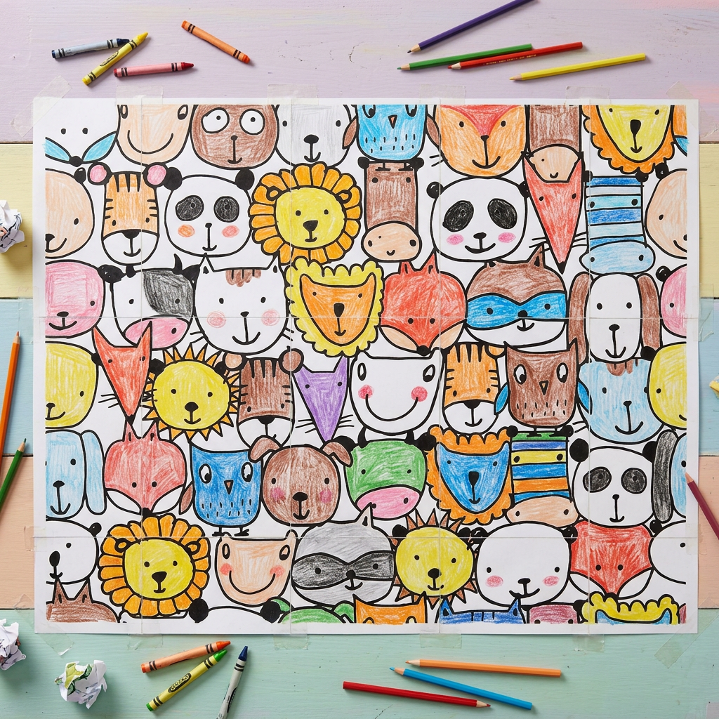 Giant printable pets coloring poster displayed in a pastel classroom, featuring cute animal faces for kids’ screen-free coloring and creative group activity.