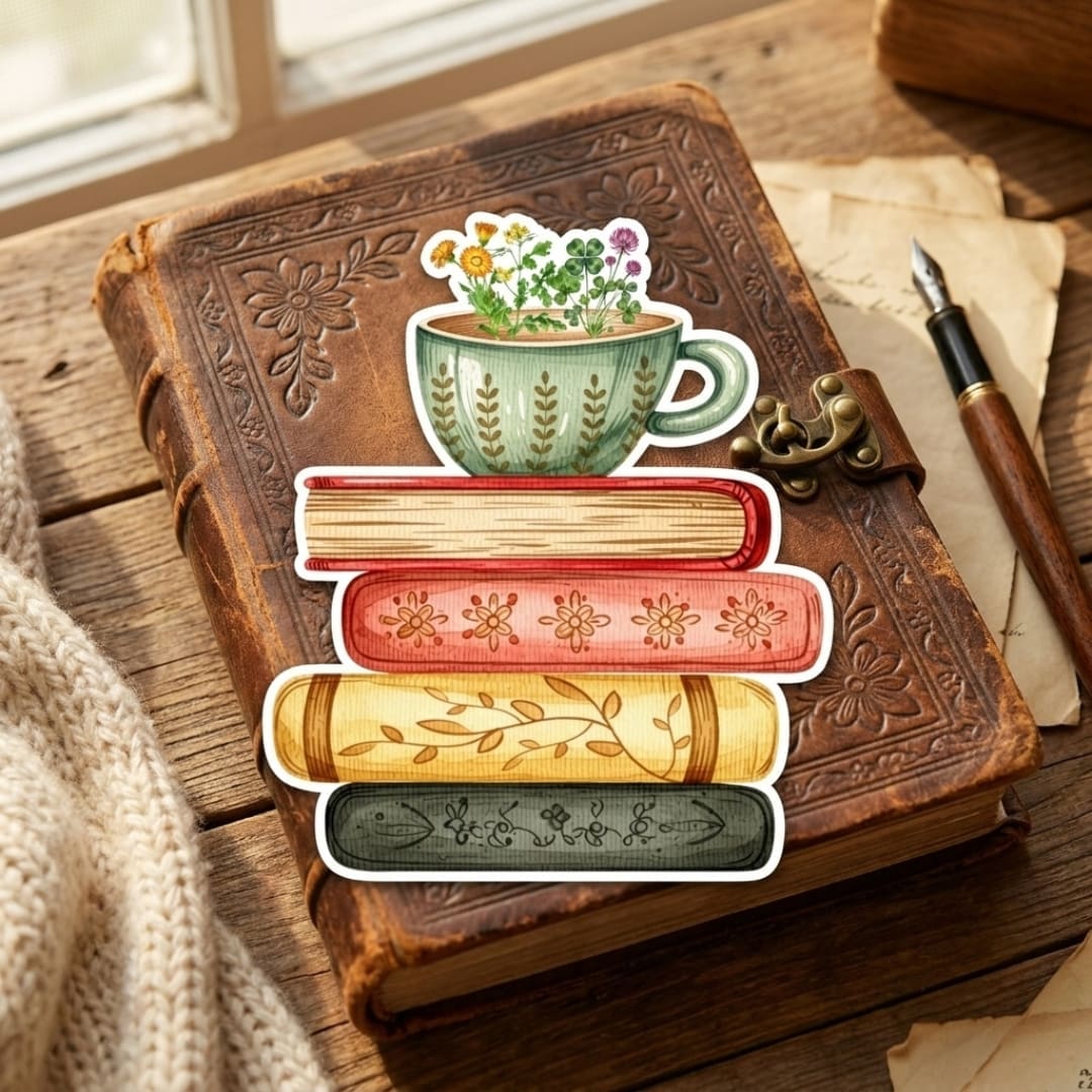 Coffee and Books Stickers featuring cozy book stacks, coffee cups, floral designs, and reading-themed illustrations for book lovers and coffee lovers.