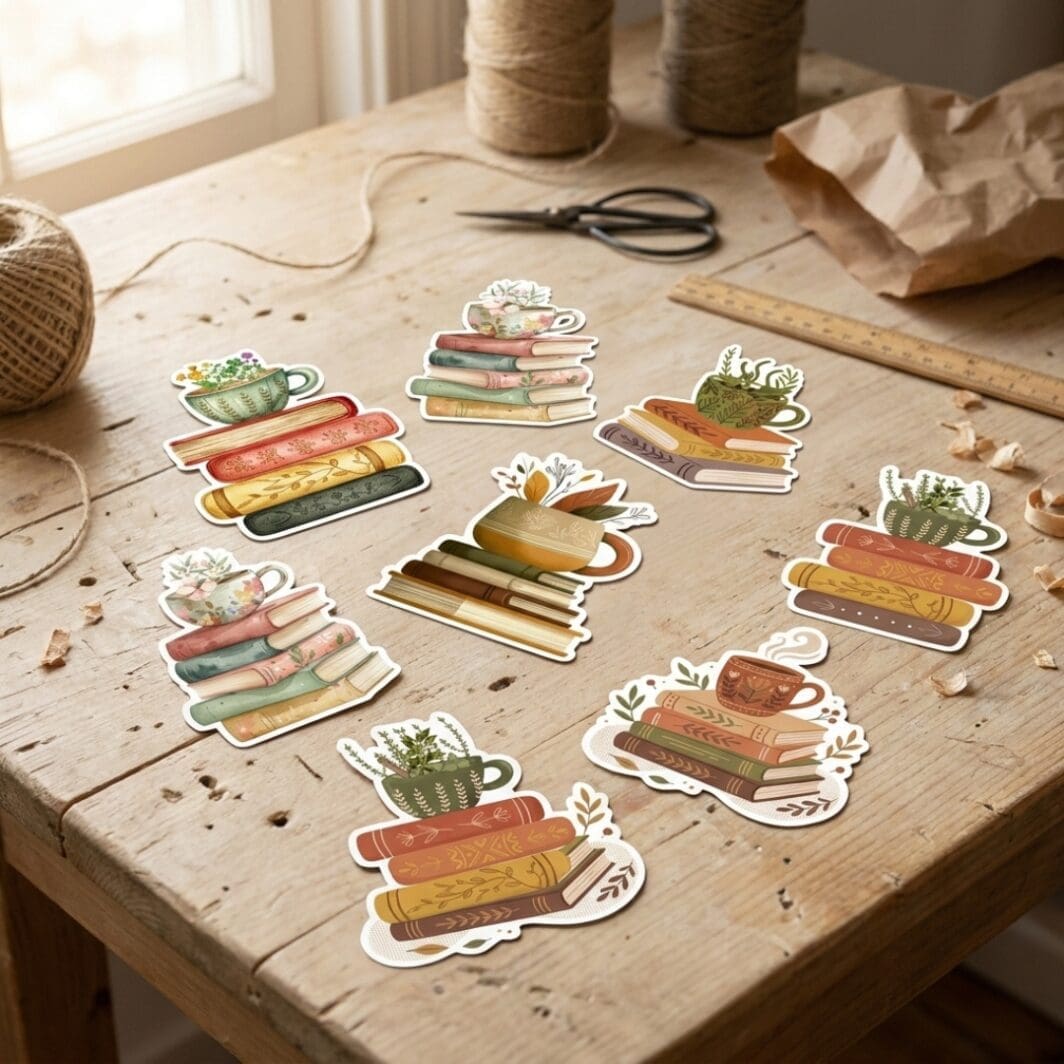 Coffee and Books Stickers featuring cozy book stacks, coffee cups, floral designs, and reading-themed illustrations for book lovers and coffee lovers.