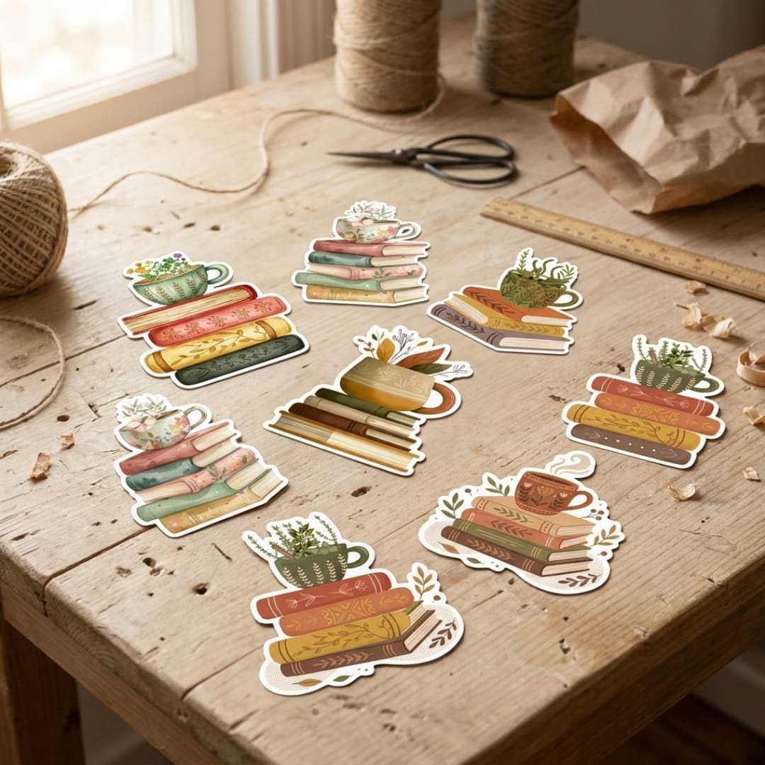 Coffee and Books Stickers featuring cozy book stacks, coffee cups, floral designs, and reading-themed illustrations for book lovers and coffee lovers.