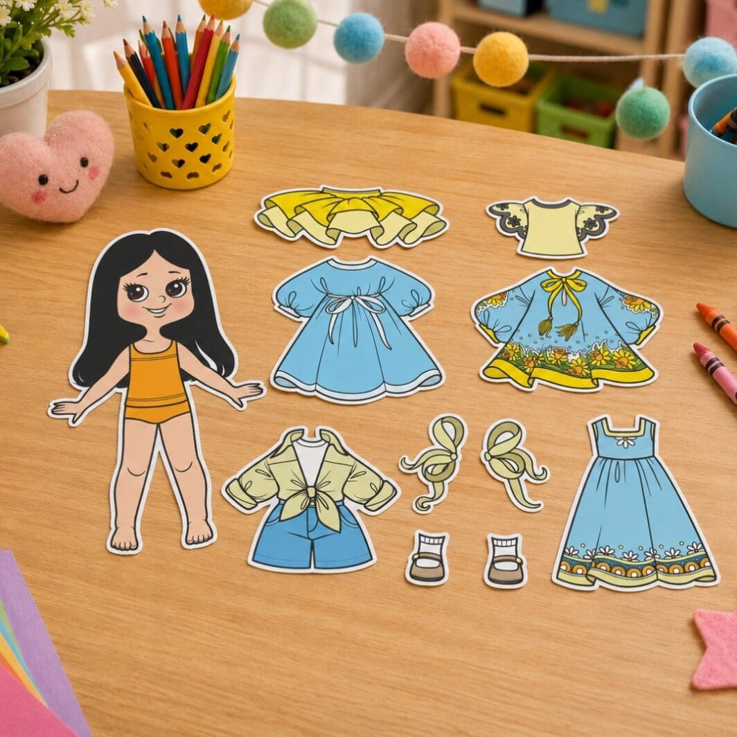 Emilie dress-up activity sheet printed on a kids daycare workshop table with crayons, colored pencils, scissors, glue stick, and colorful craft supplies.