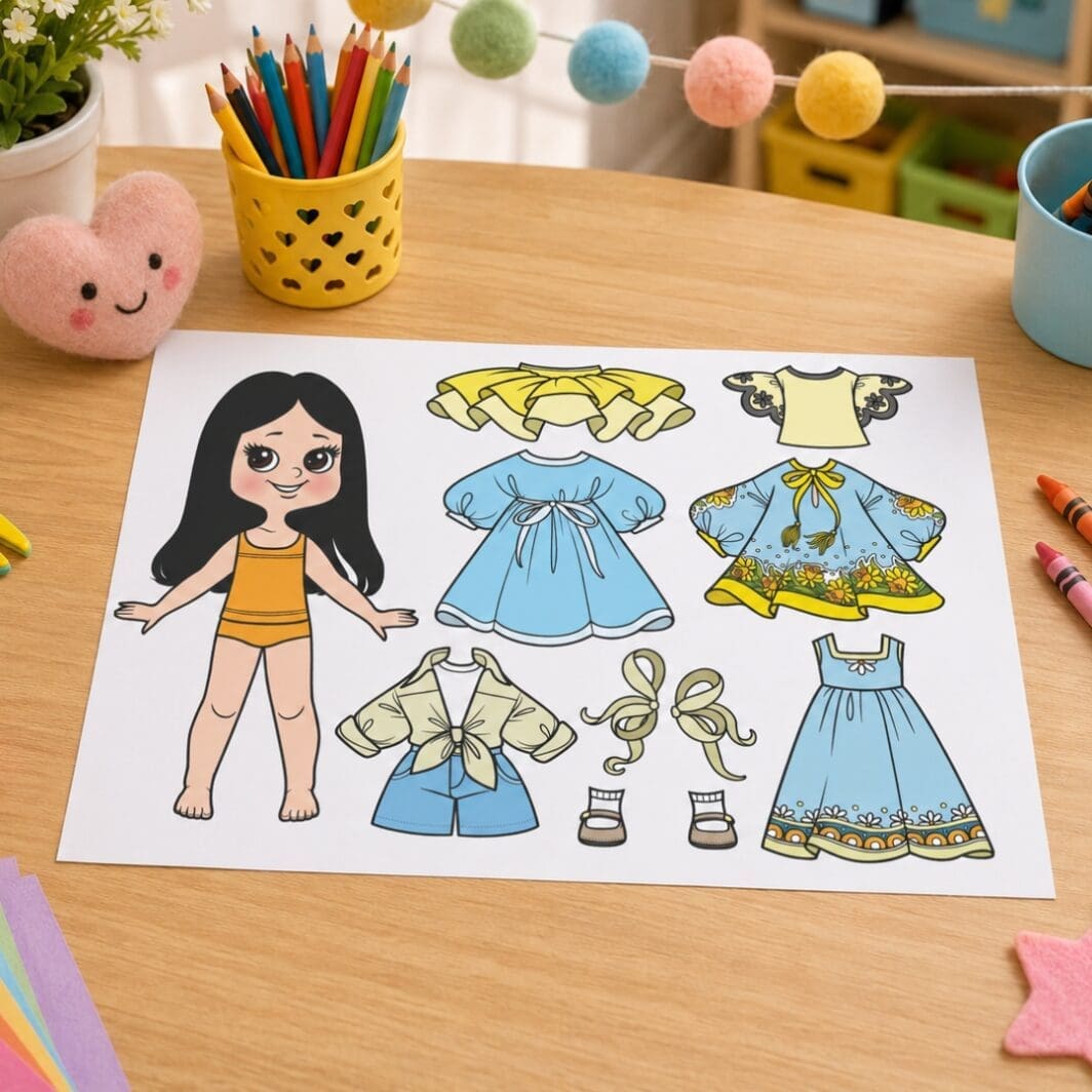 Emilie dress-up activity sheet printed on a kids daycare workshop table with crayons, colored pencils, scissors, glue stick, and colorful craft supplies.