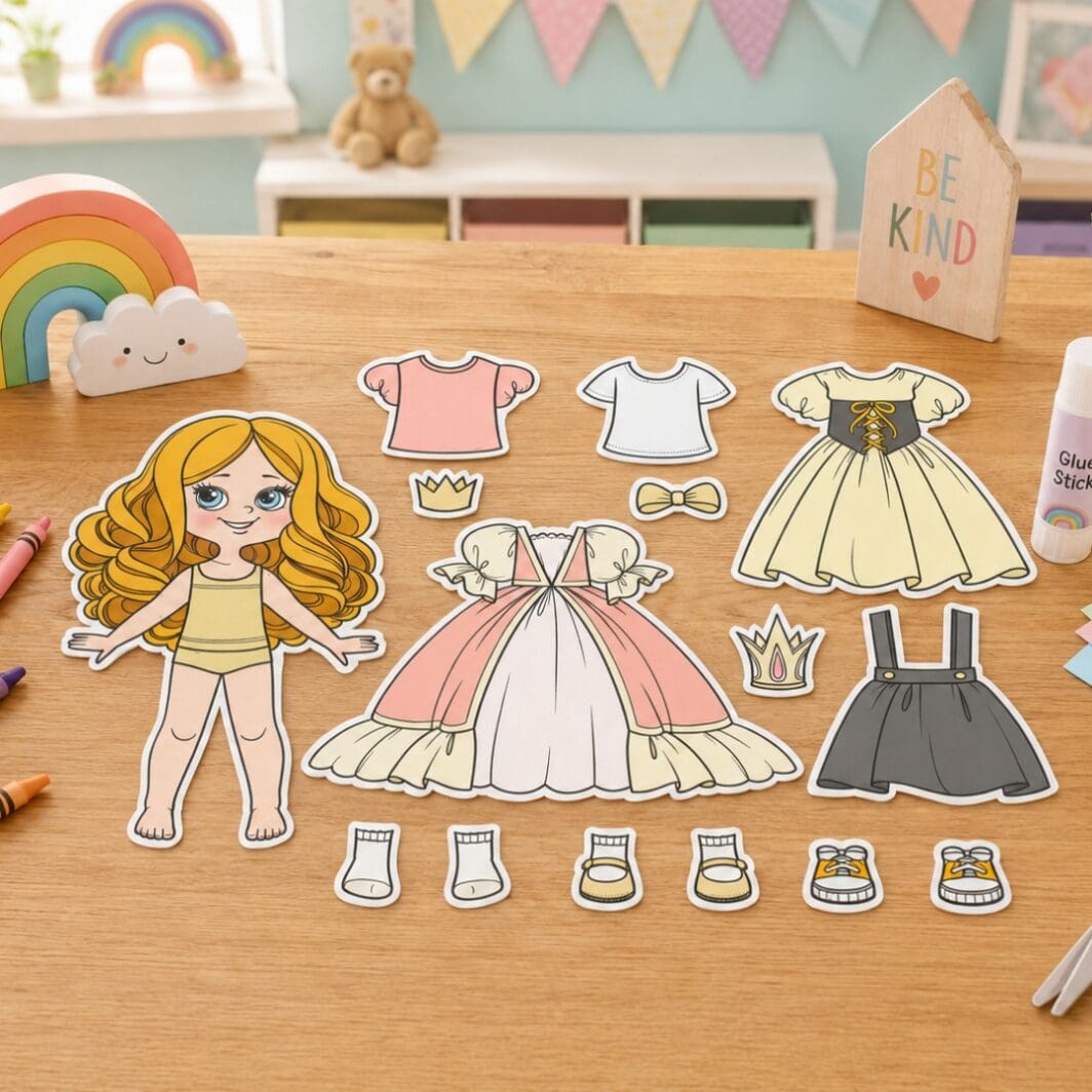 Esmeralda dress-up activity sheet printed on a kids daycare workshop table with crayons, colored pencils, scissors, glue stick, and colorful craft supplies.