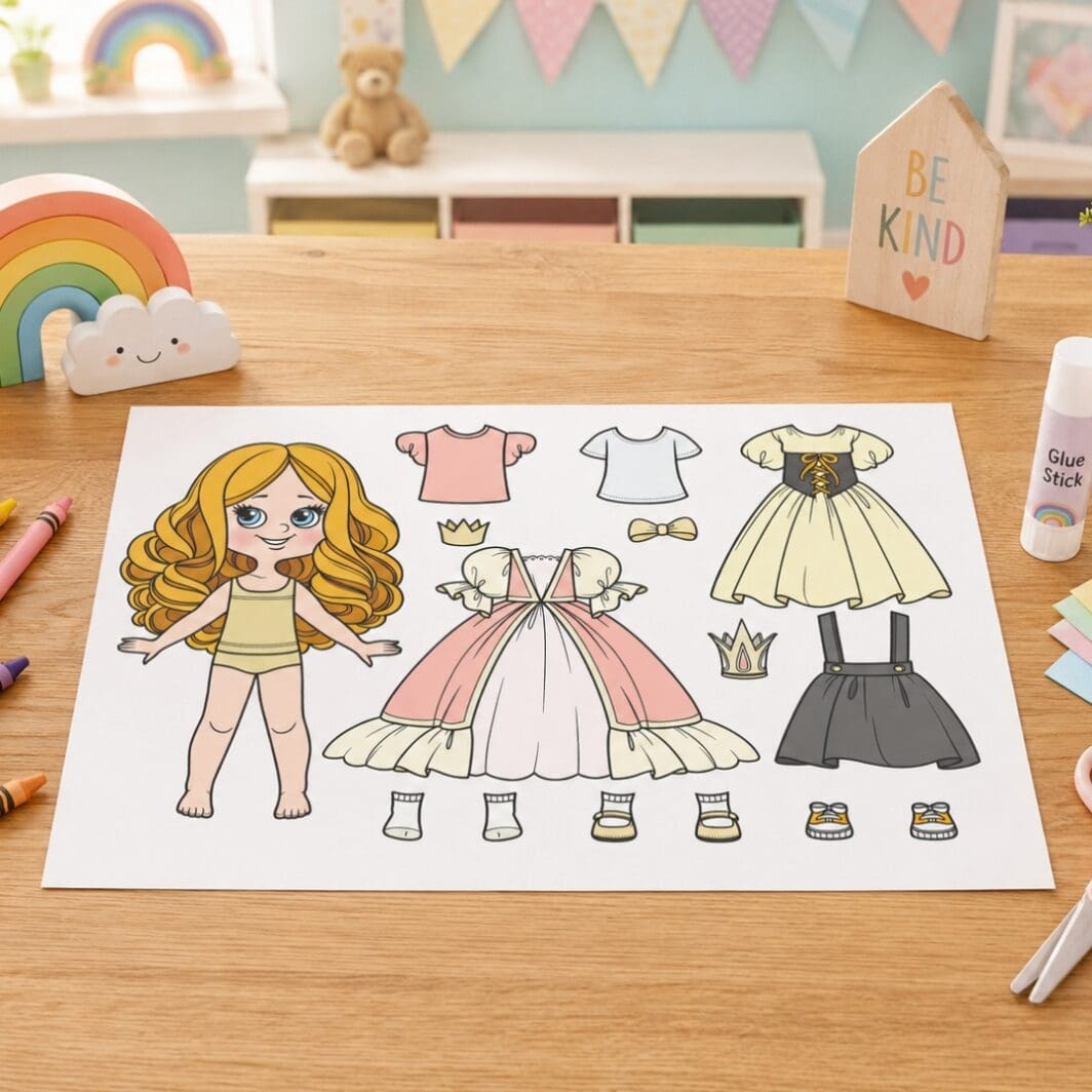 Esmeralda dress-up activity sheet printed on a kids daycare workshop table with crayons, colored pencils, scissors, glue stick, and colorful craft supplies.