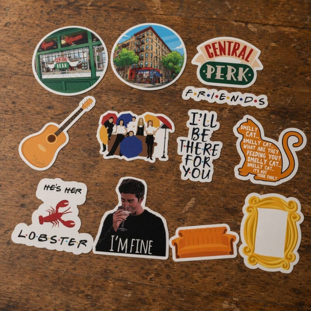Friends-inspired sticker collection featuring Central Perk, orange couch, yellow frame, guitar and iconic quotes on a vintage wooden table