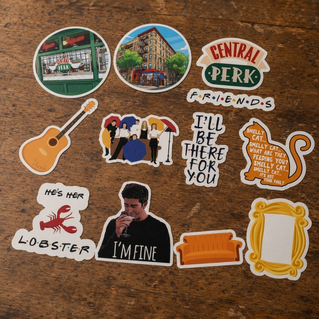 Friends-inspired sticker collection featuring Central Perk, orange couch, yellow frame, guitar and iconic quotes on a vintage wooden table