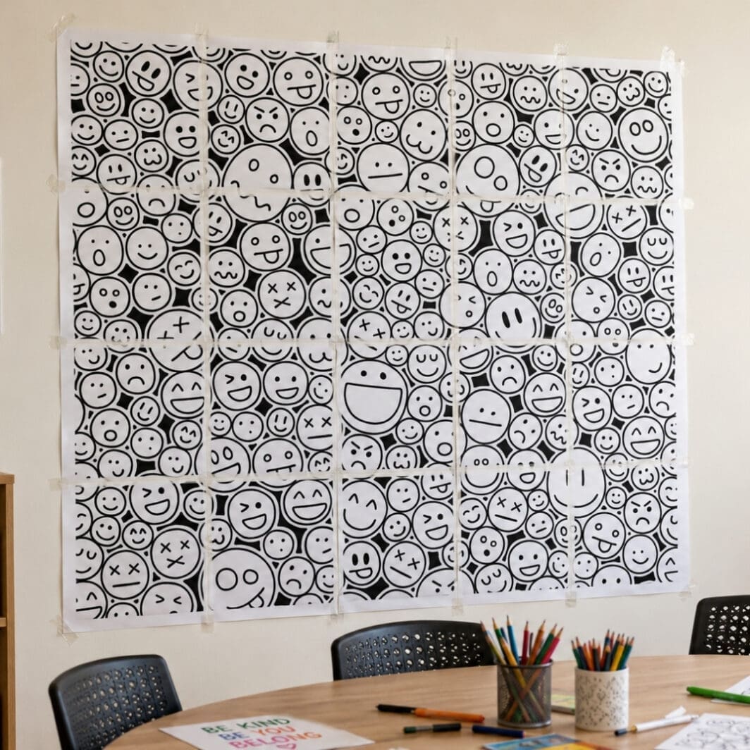 Clear gift-style package containing 24 A4 Giant Emotion Wall poster sheets, with black-and-white emotion faces visible through the bag and a cardboard label on a vintage workshop table.