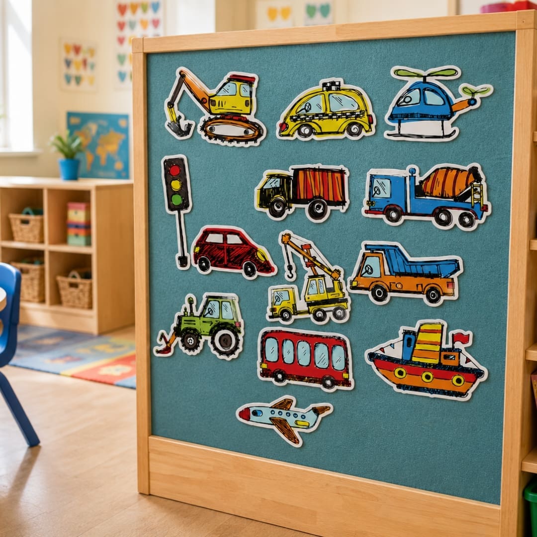 Cover image of a 13-piece Things That Go vehicle sticker set for toddlers and preschool kids, featuring colorful cars, trucks, a bus, helicopter, boat and airplane.