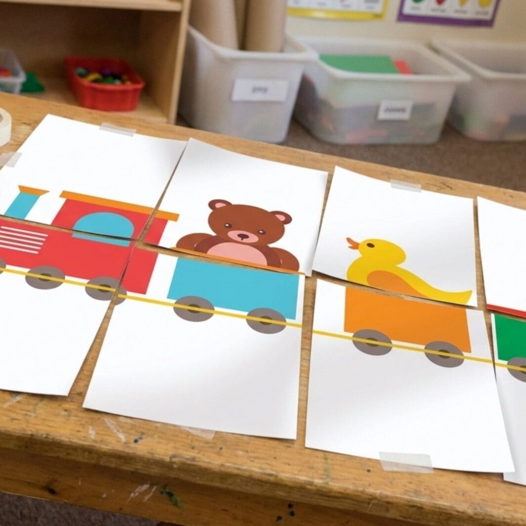 Personalized kids train wall poster with a smiling boy sitting in the green wagon, alongside a teddy bear and duck in a colorful cartoon train for classroom or children’s room decor.